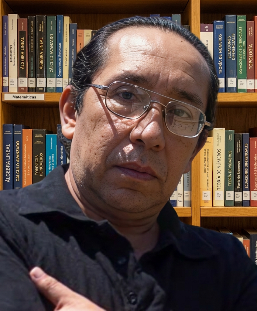 Aldo Gil Crisóstomo en su biblioteca de matemáticas